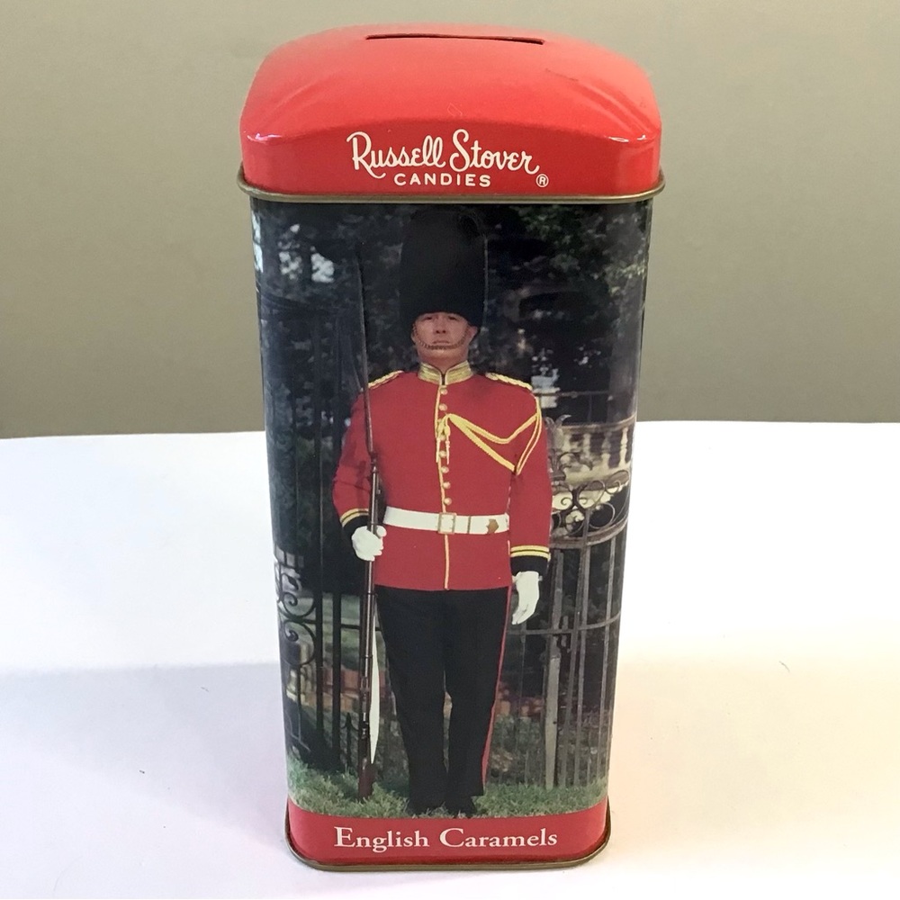 Russell Stover Candies Tin Bank Container English Caramels Palace Guard Vintage
